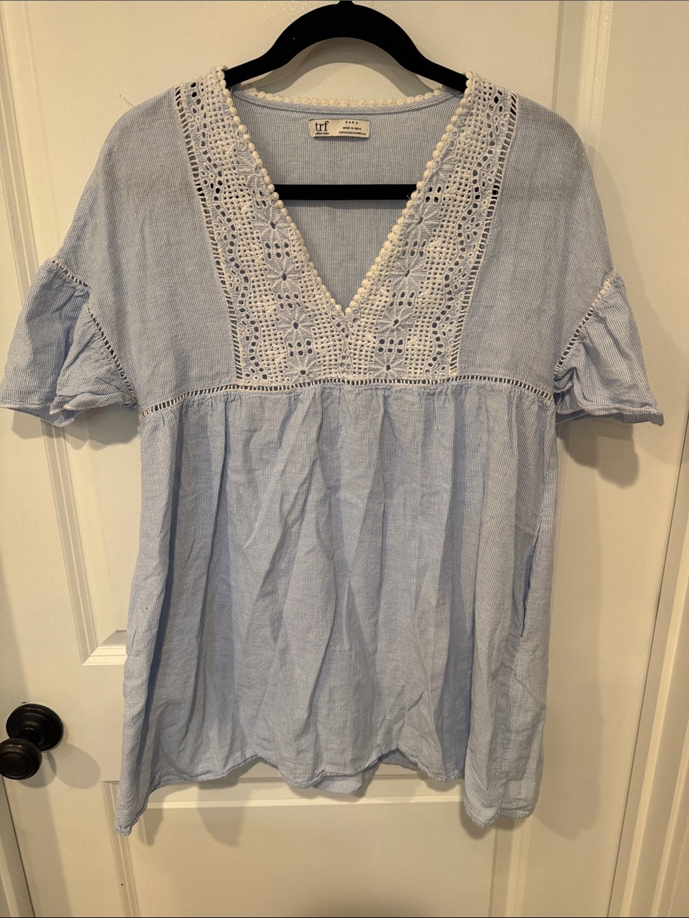 Zara Light Blue Crochet V-Neck Tunic Top